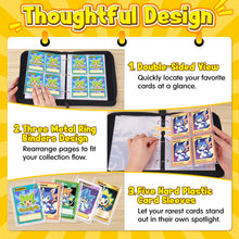 Load image into Gallery viewer, Card Binder – 4 Pocket Zipper Collection Album, Premium PU Holder, Double-Sided Display for 400 Cards, Includes 5 Hard Plastic Sleeves for Game Cards, Sports Cards
