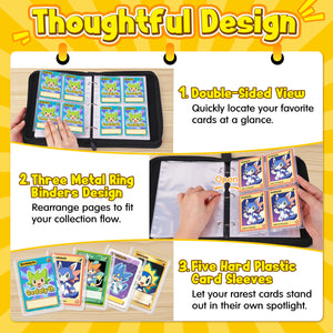 Card Binder – 4 Pocket Zipper Collection Album, Premium PU Holder, Double-Sided Display for 400 Cards, Includes 5 Hard Plastic Sleeves for Game Cards, Sports Cards
